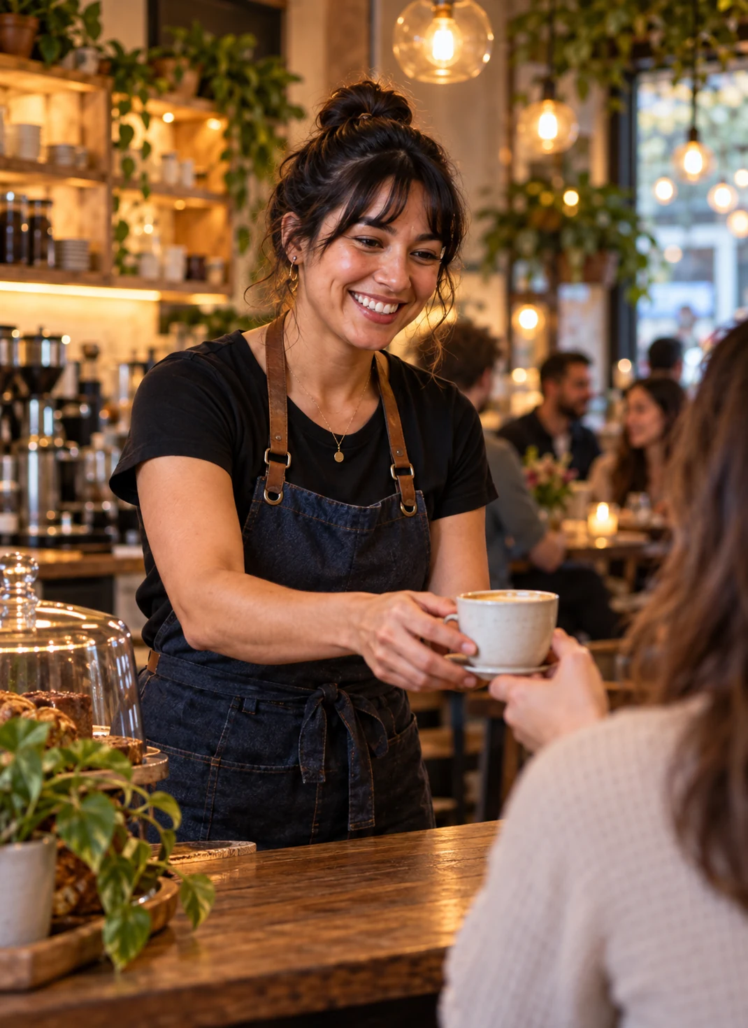 A local cafe owner welcoming a customer
